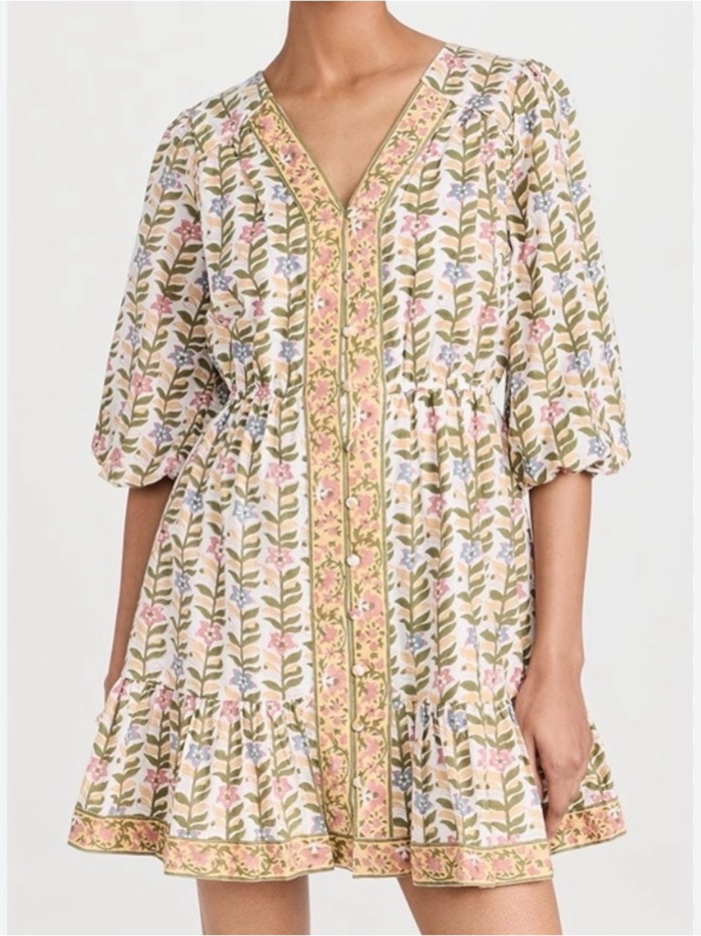 Floral V-Neck Mini Dress in Cream and Olive